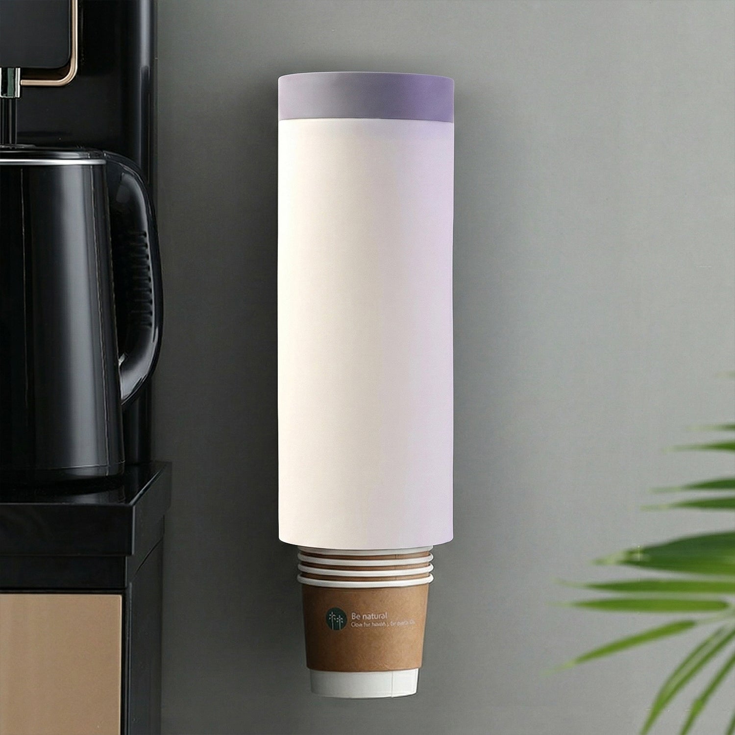 Wall-mounted disposable paper cup holder and dispenser box by Wukusy, showing the sleek, easy-to-refill storage container for paper cups.