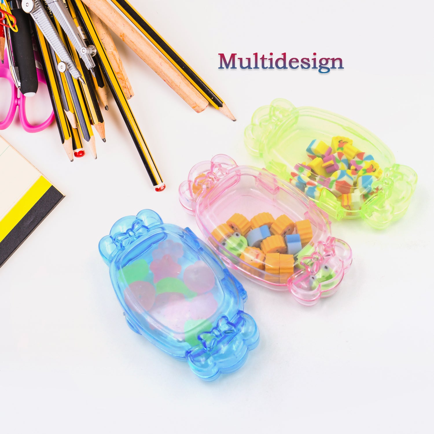 Wukusy 15-piece cute school eraser set with colorful rubber erasers in various fun designs for pencil cleaning and stationery.