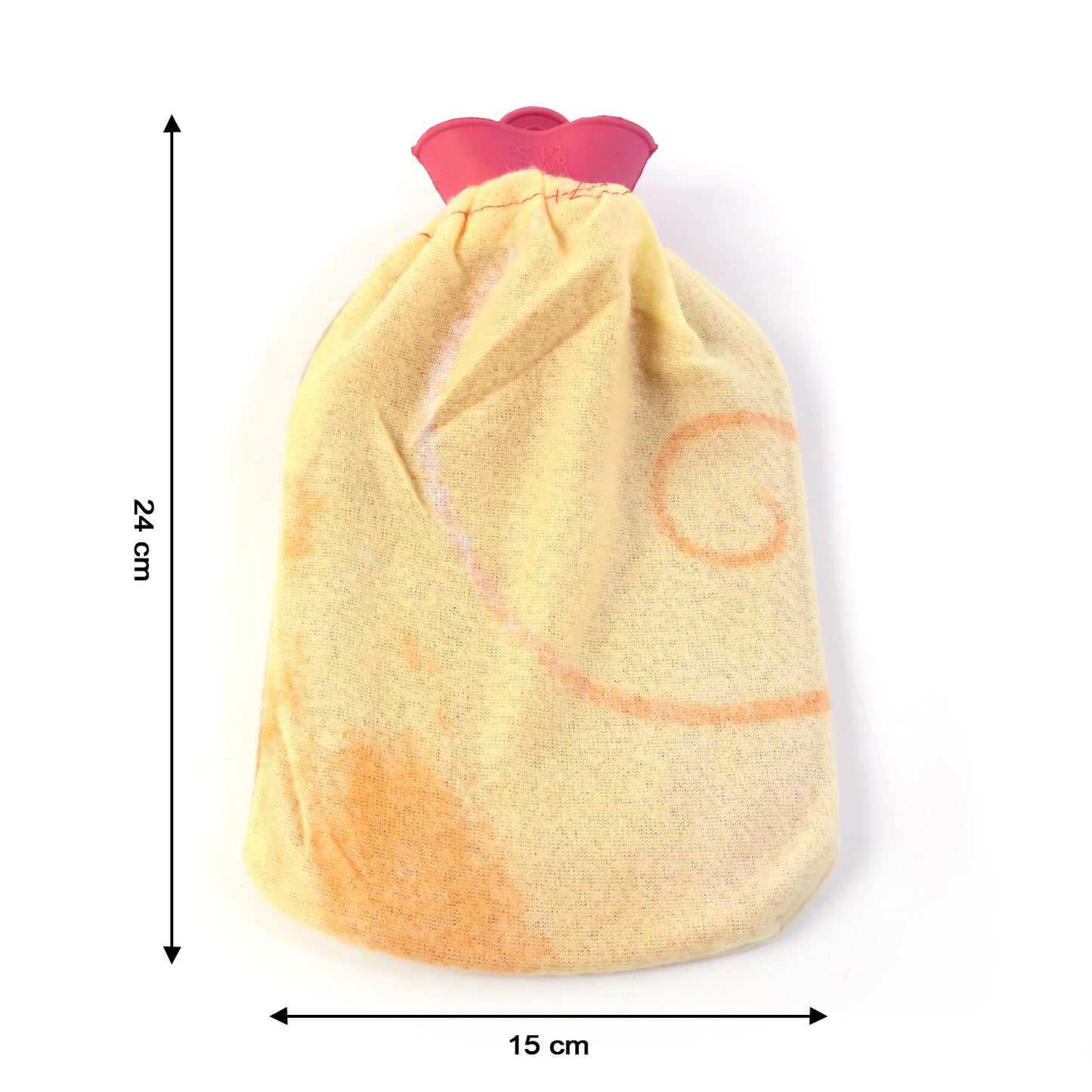 Wukusy reusable hot water bag with soft fabric cover, showing the flexible, cozy exterior and the opening for filling with hot water.