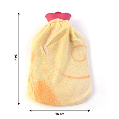 Wukusy reusable hot water bag with soft fabric cover, showing the flexible, cozy exterior and the opening for filling with hot water.