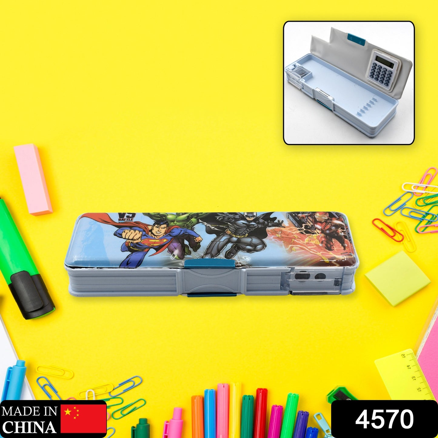 Wukusy double-sided magnetic geometry and pencil box with calculator and sharpener, made of plastic, suitable for boys and girls.