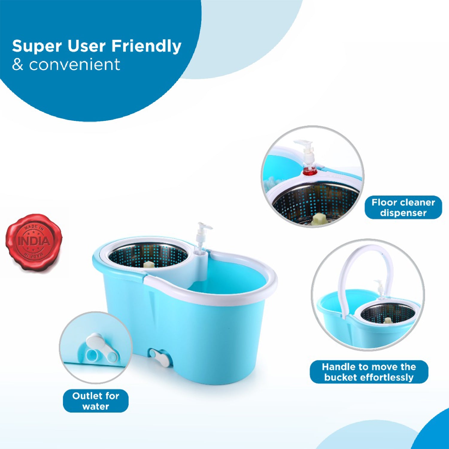 Wukusy 8702 plastic spinner bucket mop set with 360-degree self-spin wringing, two absorbers for home and office floor cleaning