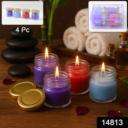 Set of four Wukusy wax candles in glass jars with gold lids, decorative and fragrant home decor candles.