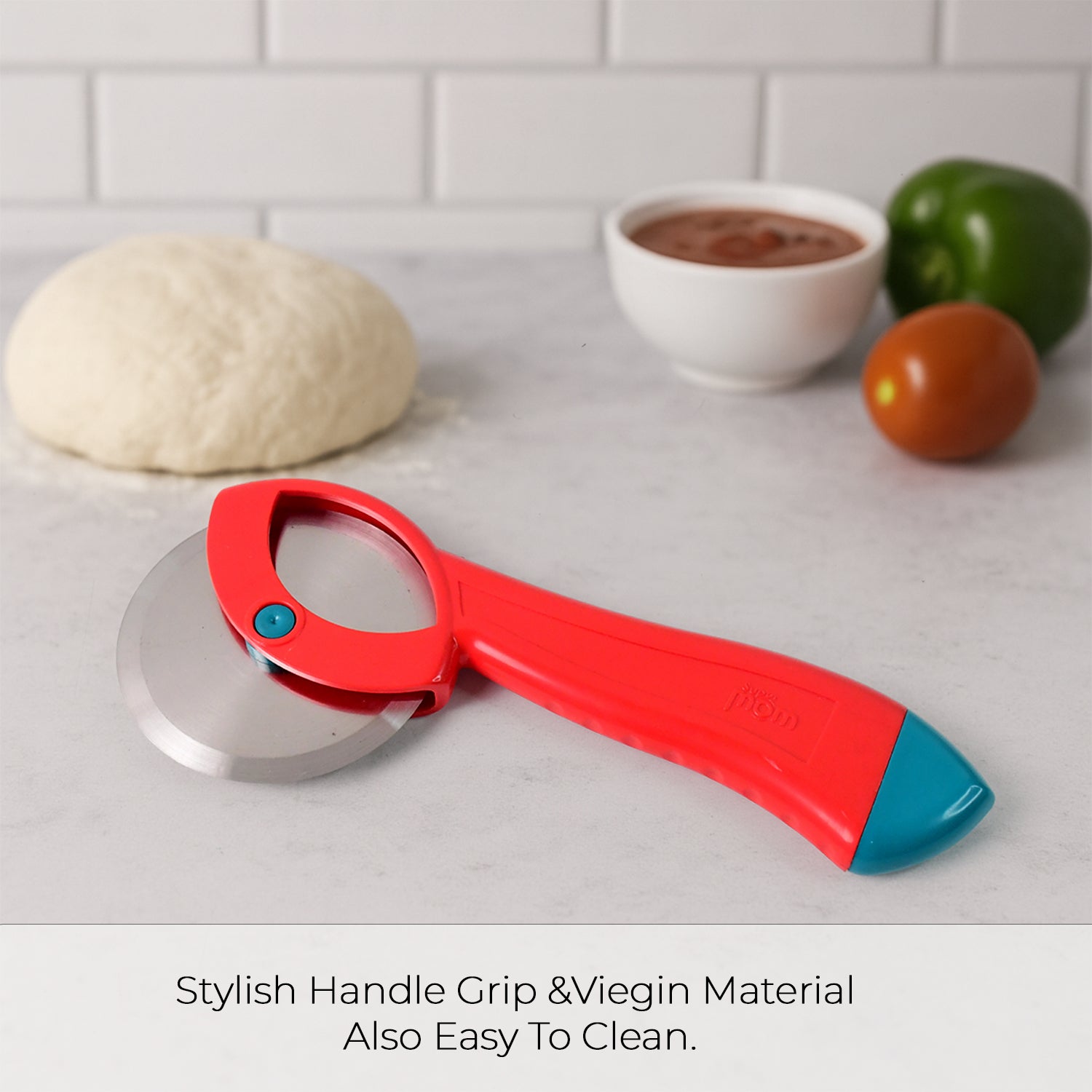 Wukusy Suppermom stainless steel pizza cutter with ergonomic handle, perfect for home kitchen pizza slicing.