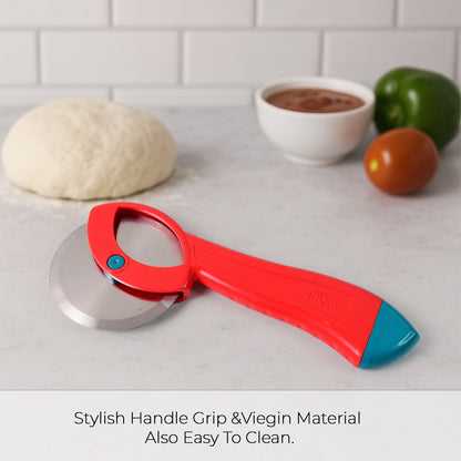 Wukusy Suppermom stainless steel pizza cutter with ergonomic handle, perfect for home kitchen pizza slicing.