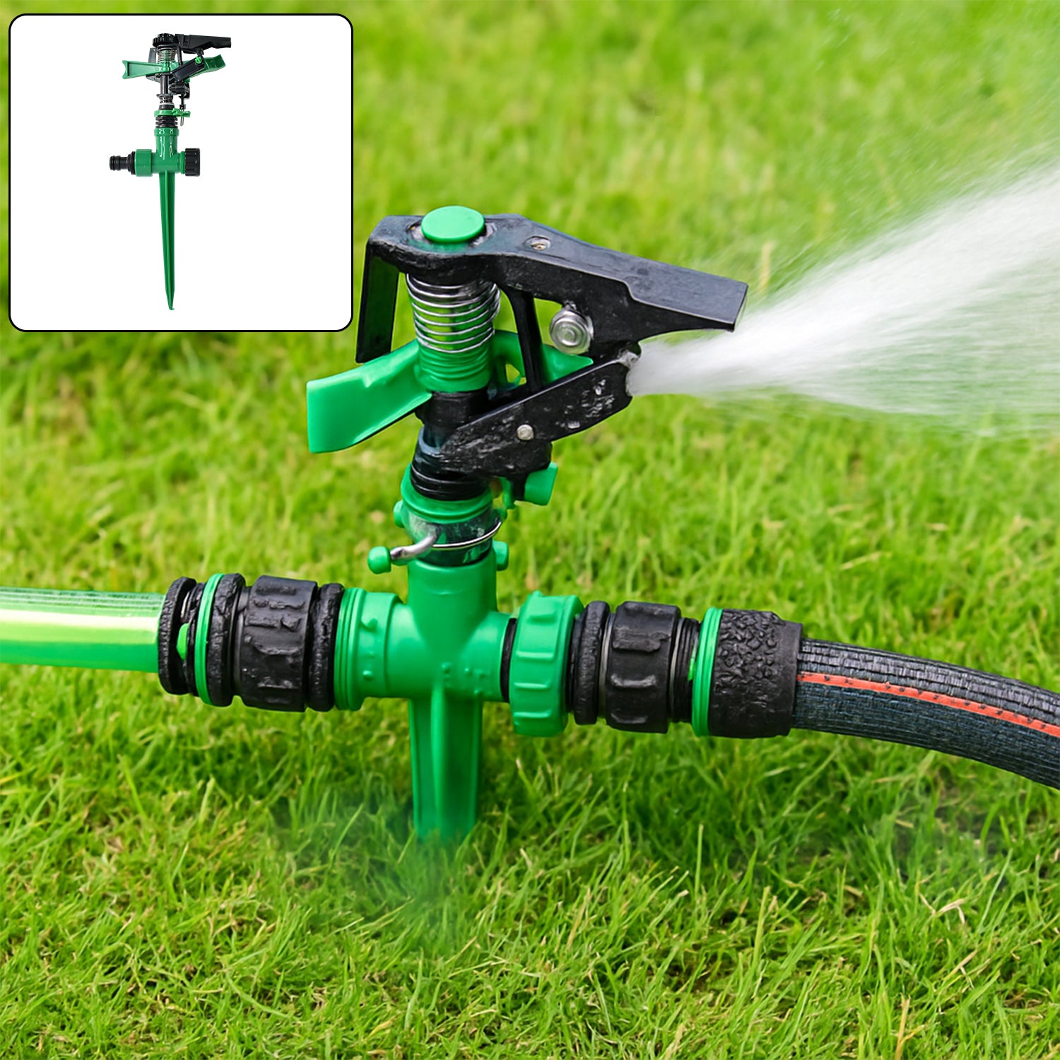Wukusy 360-degree rotating garden impact sprinkler watering lawn and garden evenly with adjustable spray pattern.