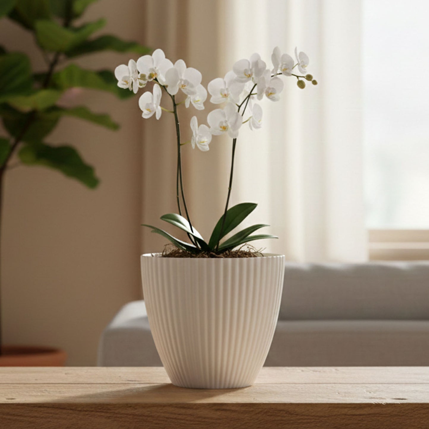 White ribbed decorative flower pot by Wukusy with a glossy finish, ideal for indoor plants or home decor.