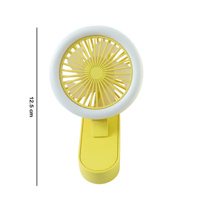 Wukusy portable rechargeable mini table fan with LED light, compact design, black color, perfect for personal cooling and illumination.
