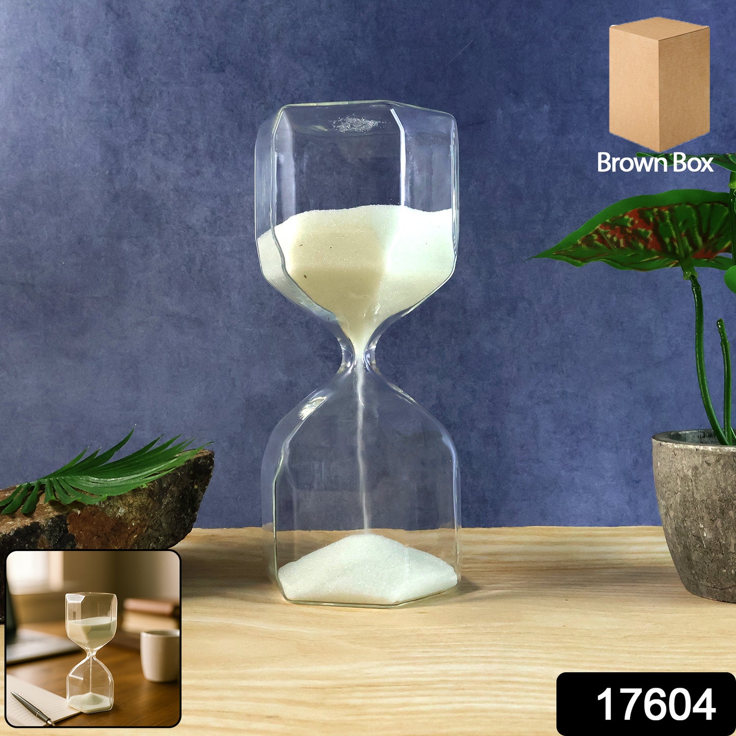 Elegant glass hourglass sand timer for office use, featuring clear glass and flowing sand, by Wukusy.