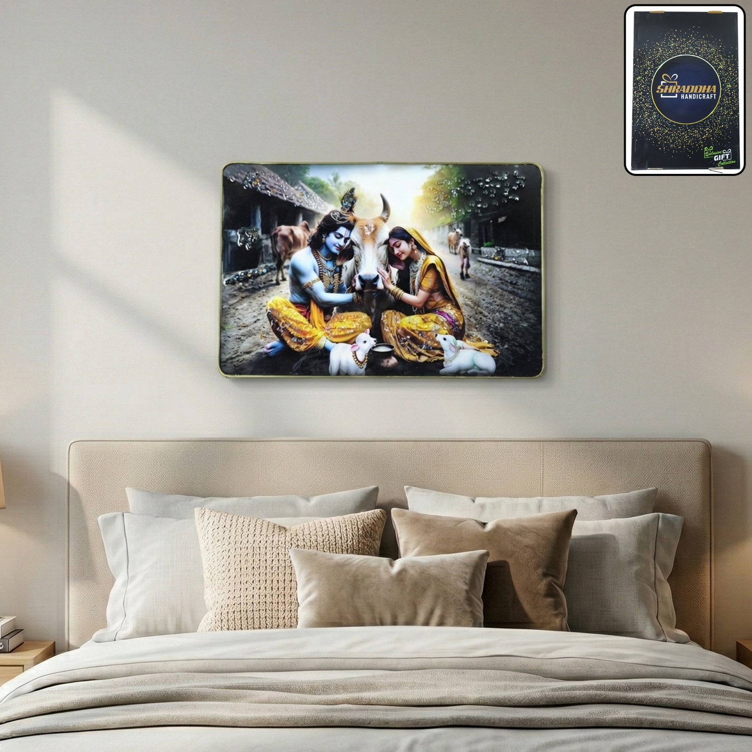 Wukusy Radha Krishna village scene wall art frame, 45x30 cm, featuring peaceful traditional Indian artwork with vibrant colors.
