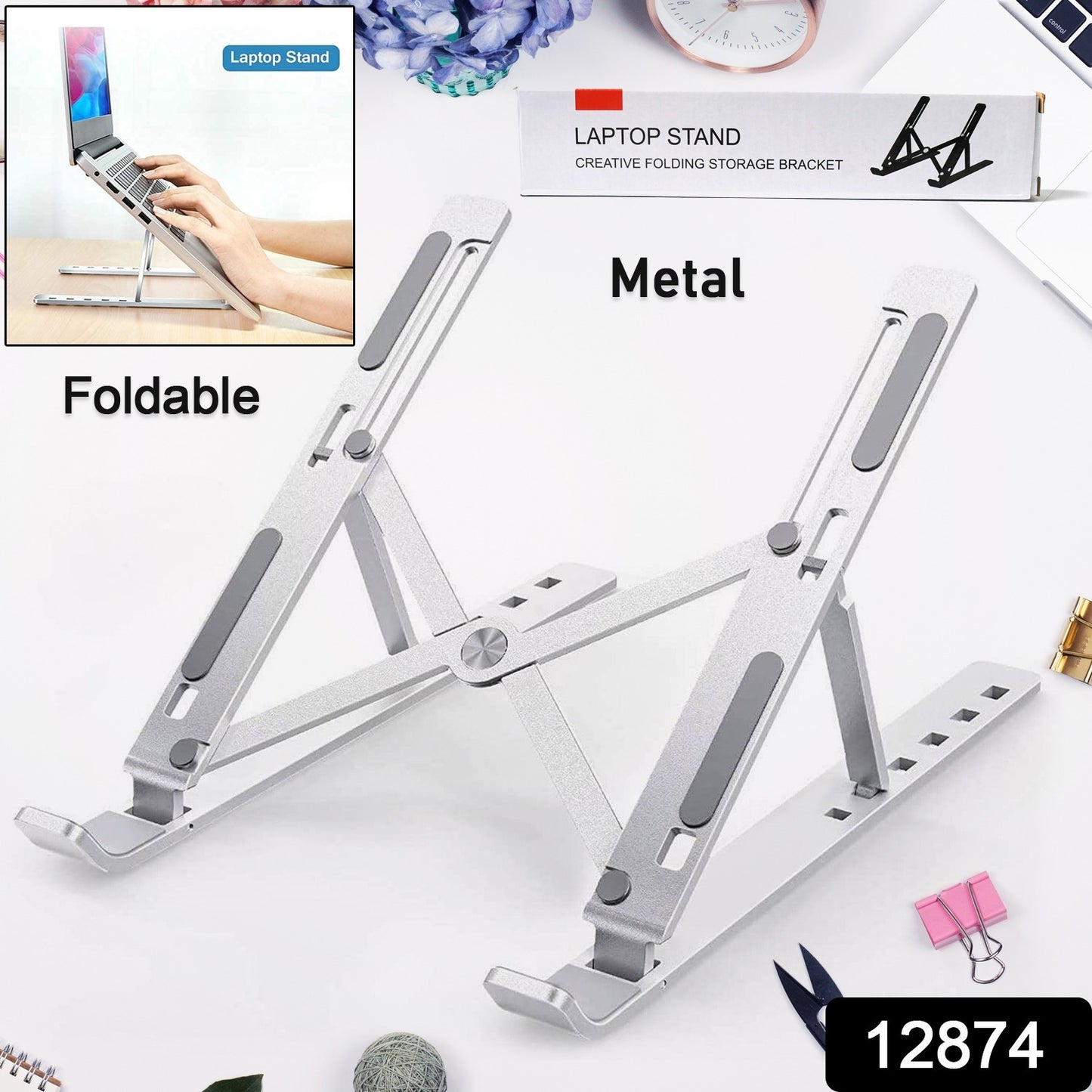 Wukusy portable metal laptop stand with adjustable angles, suitable for laptops, phones, and tablets on a home desk setup.