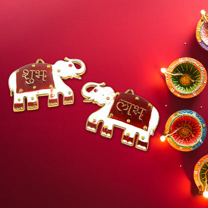 Pair of Wukusy Shubh Labh elephant decorative wall hangings for home decor, featuring intricate designs in a 2-piece set.