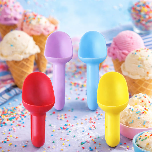 Wukusy 4-piece plastic ice cream scoop set with colorful handles, perfect for serving ice cream and frozen desserts.