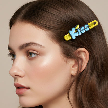 Pair of Wukusy Cute Kiss Text Hair Clips in a 2-piece set, featuring playful kiss design for stylish hair accessories.
