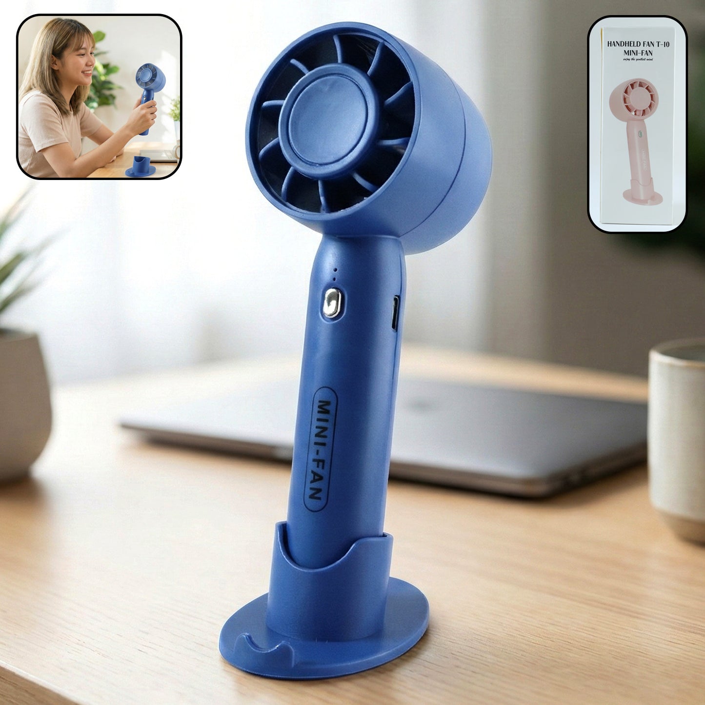 Wukusy rechargeable mini handheld fan with adjustable settings, compact design, and ergonomic handle for personal cooling.