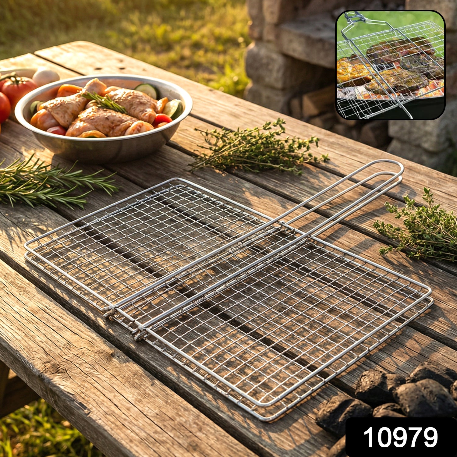 Wukusy heavy-duty stainless steel barbecue grill basket with handles for grilling vegetables, meats, and seafood.