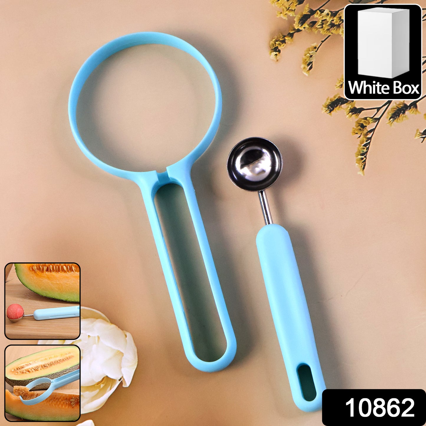 Wukusy multi-function melon baller and fruit cutter set with stainless steel tools arranged on a white surface.