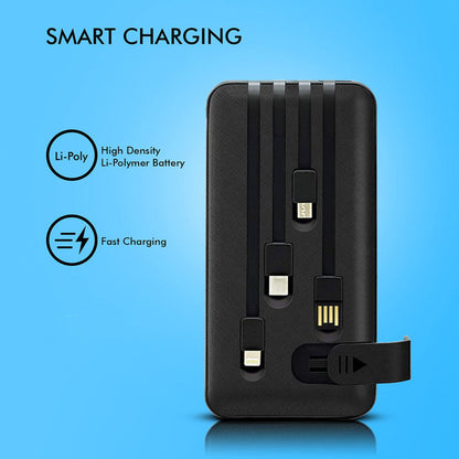 Wukusy 10,000mAh fast charging power bank with built-in 4-in-1 USB ports and mobile holder for portable electronics.