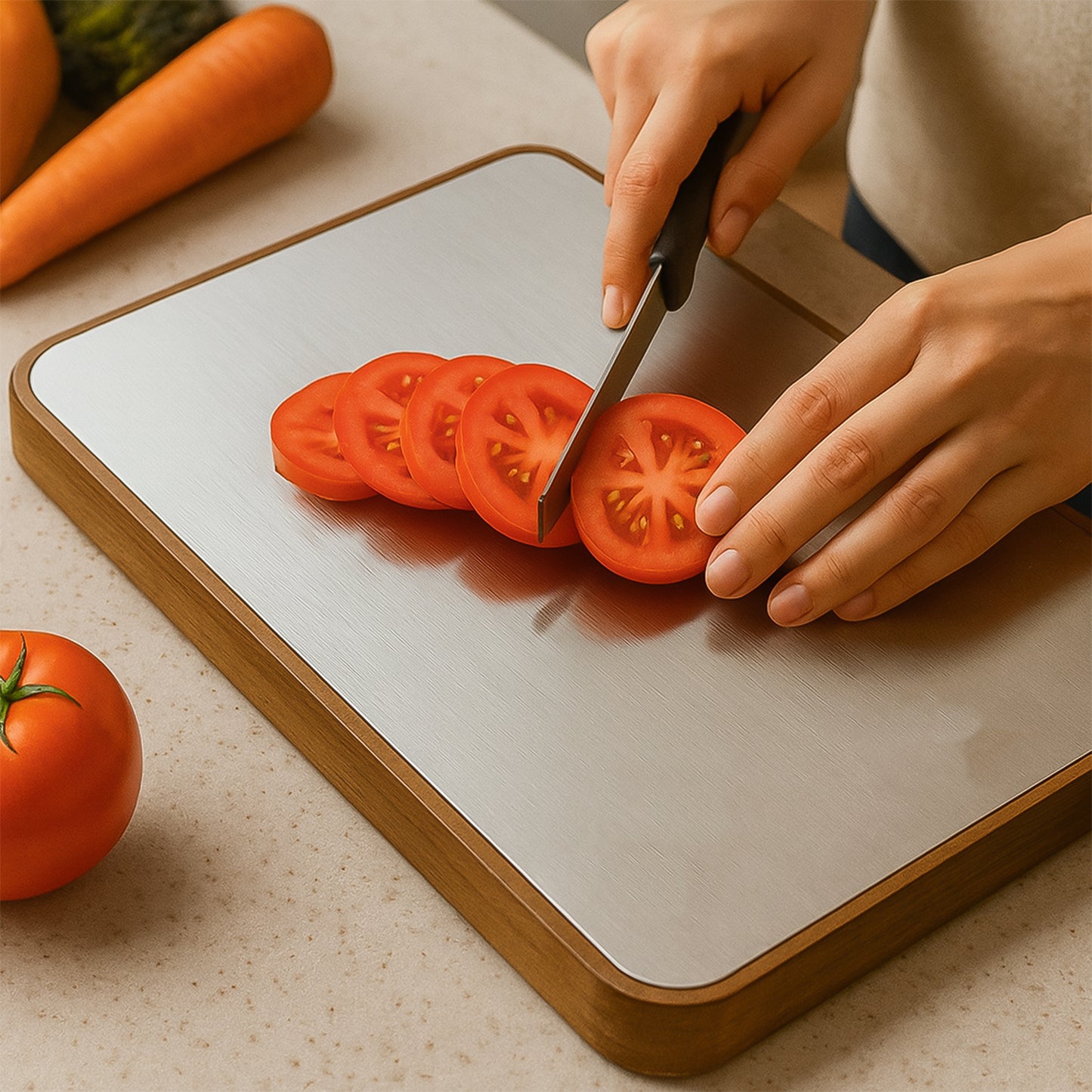 Wukusy Apex Steel Oak medium cutting board with wooden handle, ideal for kitchen food prep and chopping tasks.