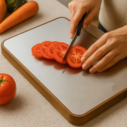 Wukusy Apex Steel Oak medium cutting board with wooden handle, ideal for kitchen food prep and chopping tasks.
