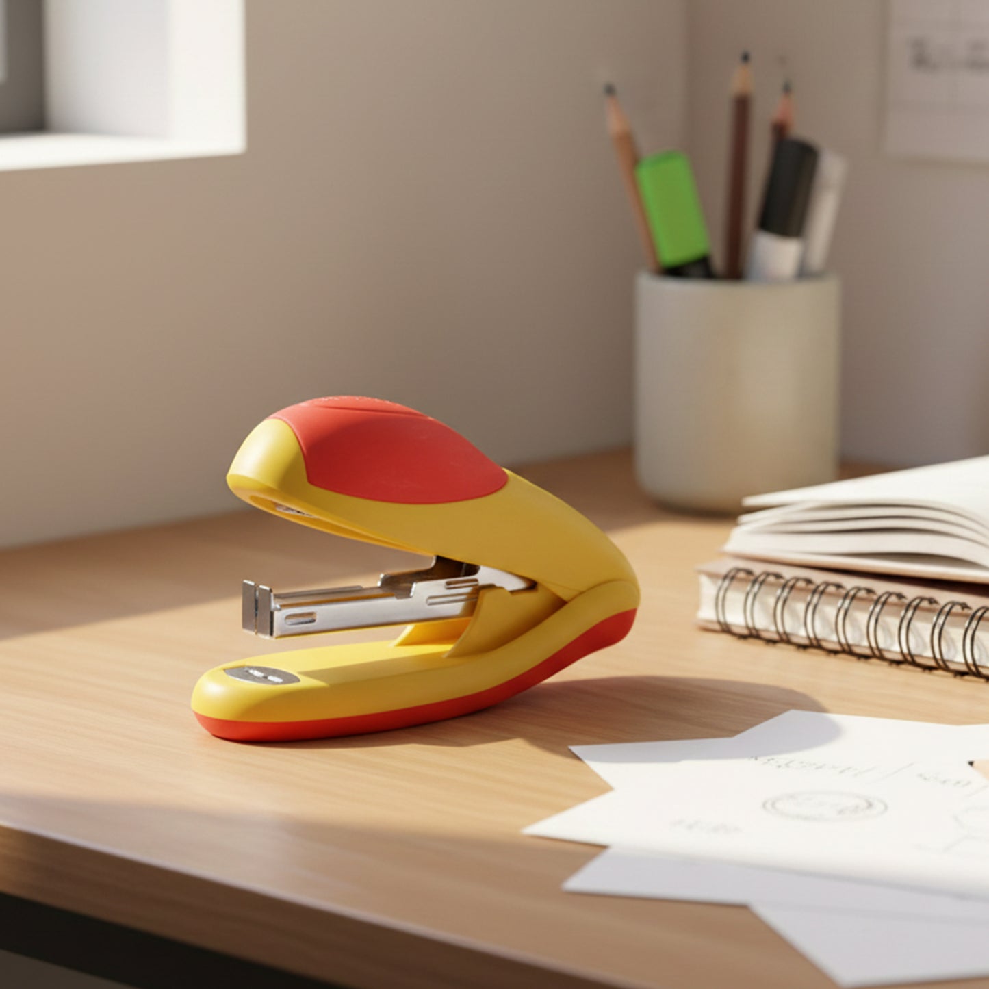 Wukusy heavy-duty desktop stapler with staple pin set on a wooden desk, ready for binding papers securely.