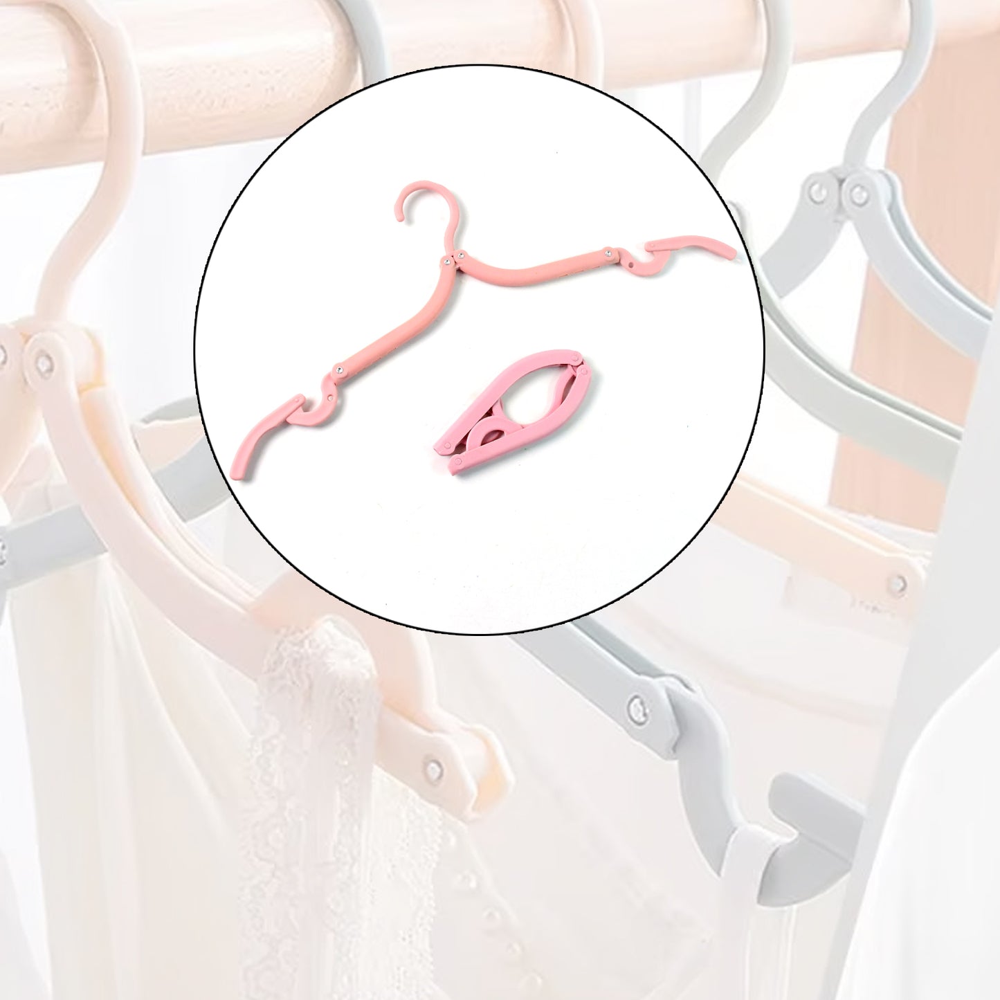 Portable Wukusy travel folding clothes hanger, compact and lightweight for easy packing and hanging clothes on the go.