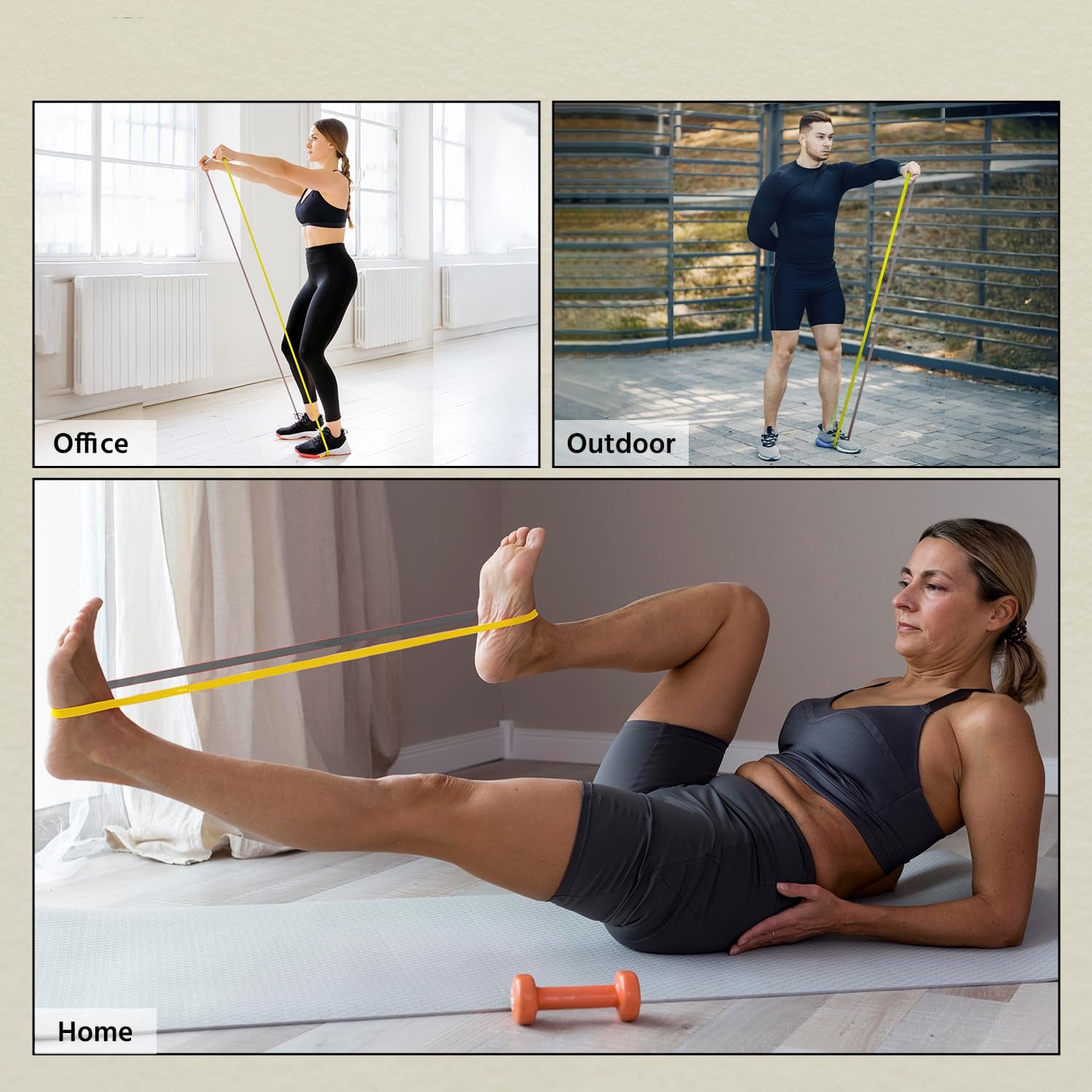 Wukusy high-strength resistance loop band stretched on a plain background, showcasing its durability and size for exercise use.