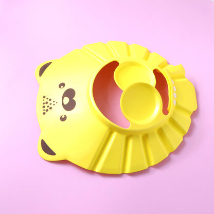 Cute cartoon baby shower cap by Wukusy, featuring colorful design, waterproof bath hat for gentle shampooing and bath time.