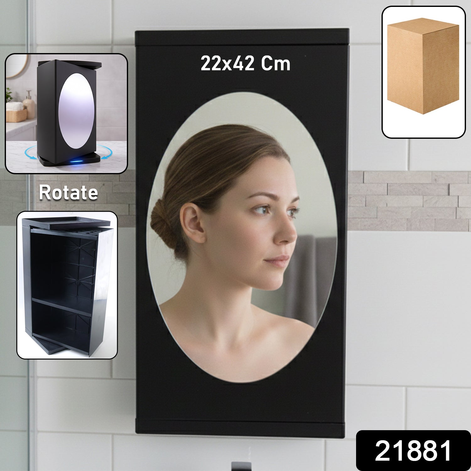 Wall mounted black rotating storage cabinet organizer by Wukusy, 22x42 cm, with adjustable shelves and compact design.