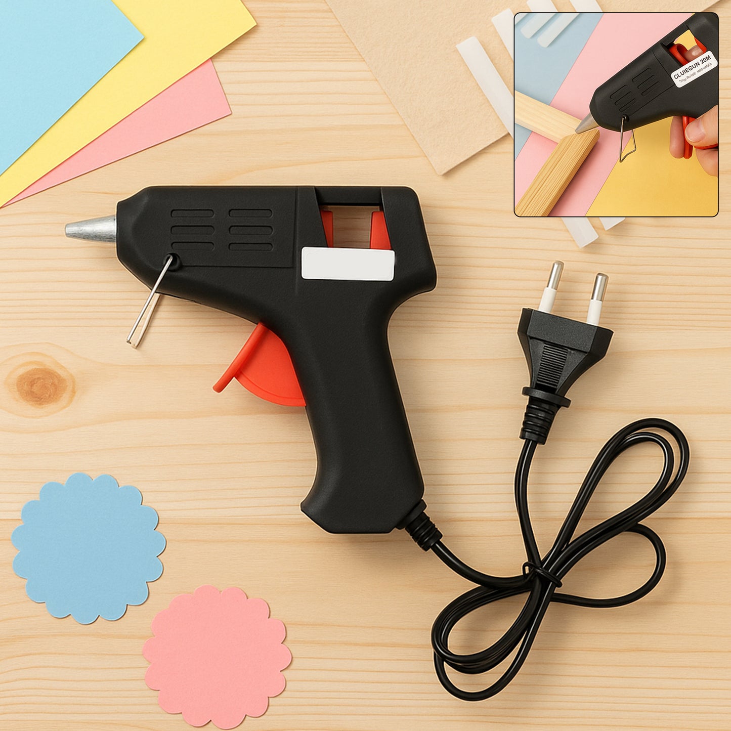 Wukusy 20W hot melt glue gun for craft and home repairs, fast-heating adhesive applicator with ergonomic handle and glue stick nozzle