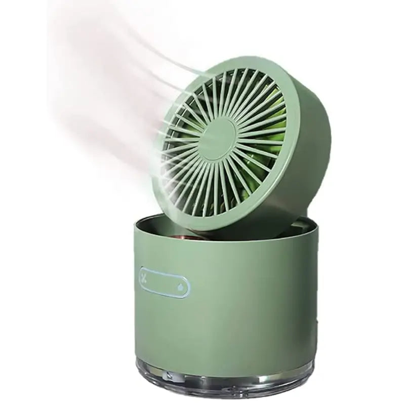 Ekom mini desktop cooling fan with rotating spray humidifier, small water tank, compact design, ideal for computers and tablets.