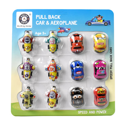 Set of 12 Wukusy mini pull back plastic cars and airplanes, cartoon-themed PVC toy vehicles for kids.
