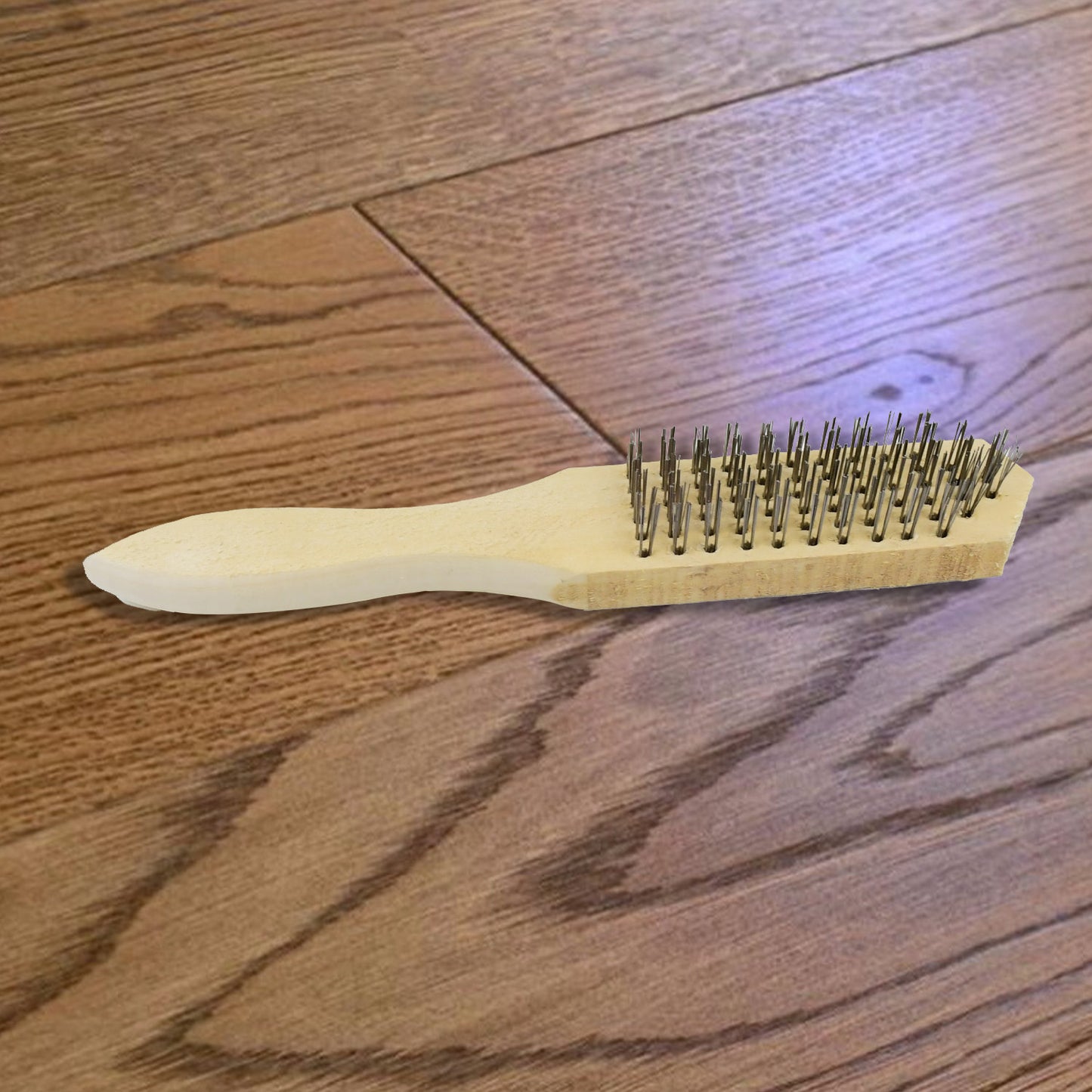 Steel wire brush with wooden handle by Wukusy, showing close-up of the sturdy wooden handle and metal wire bristles.