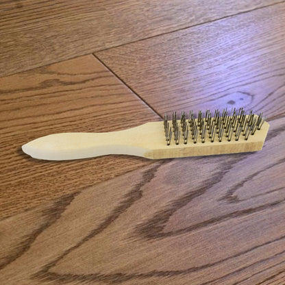 Steel wire brush with wooden handle by Wukusy, showing close-up of the sturdy wooden handle and metal wire bristles.