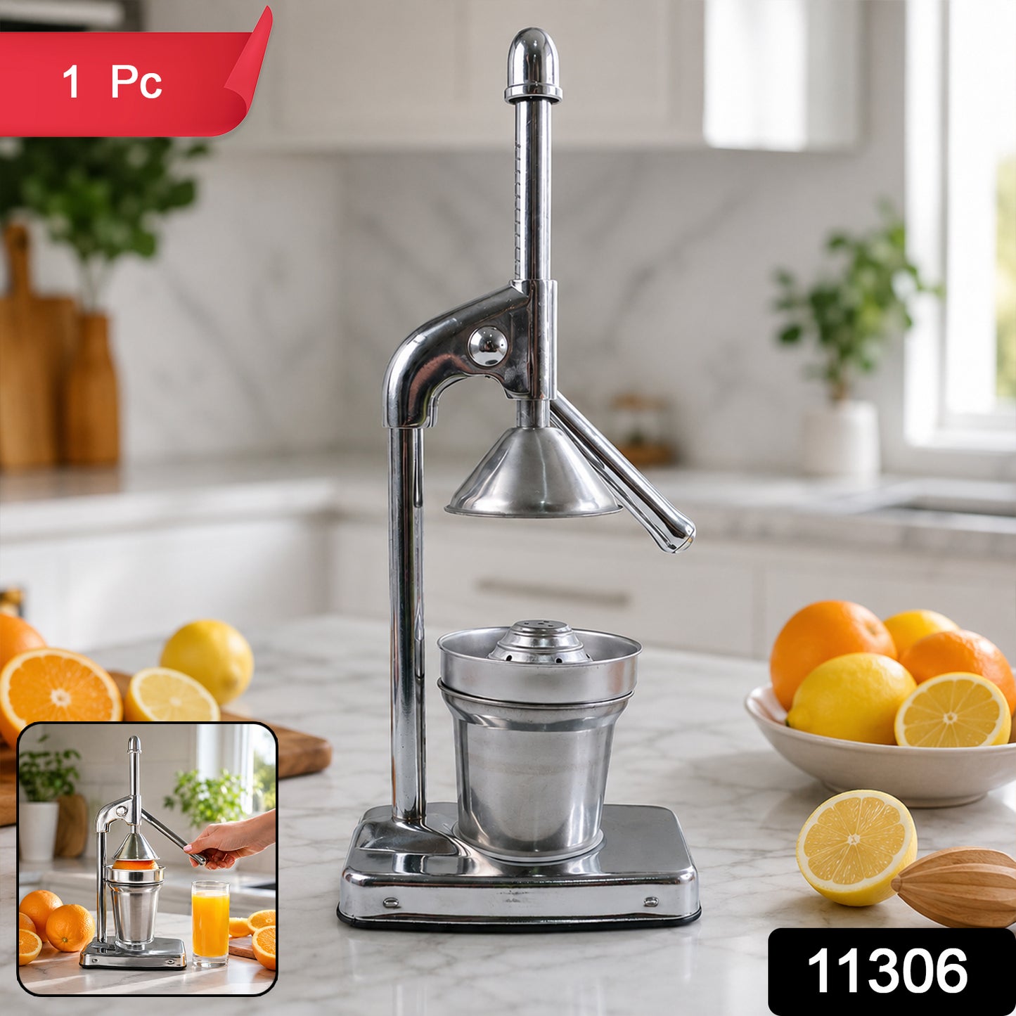 Heavy duty manual citrus juicer by Wukusy, hand press for lemons and oranges, with sturdy metal construction and ergonomic handle.
