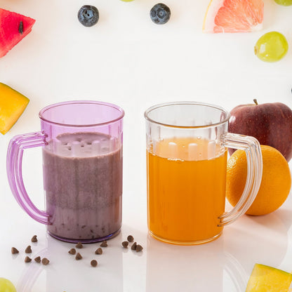 Two clear Wukusy unbreakable juice and beer glasses with handles, suitable for kids, on a kitchen countertop.