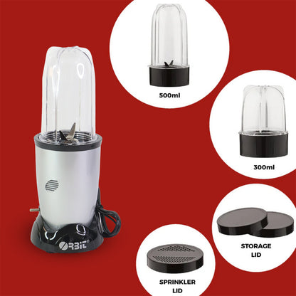 Wukusy Orbit multi-purpose bullet mixer with 400W motor, featuring two jars for smoothies, shakes, and food blending in a home kitchen setting.
