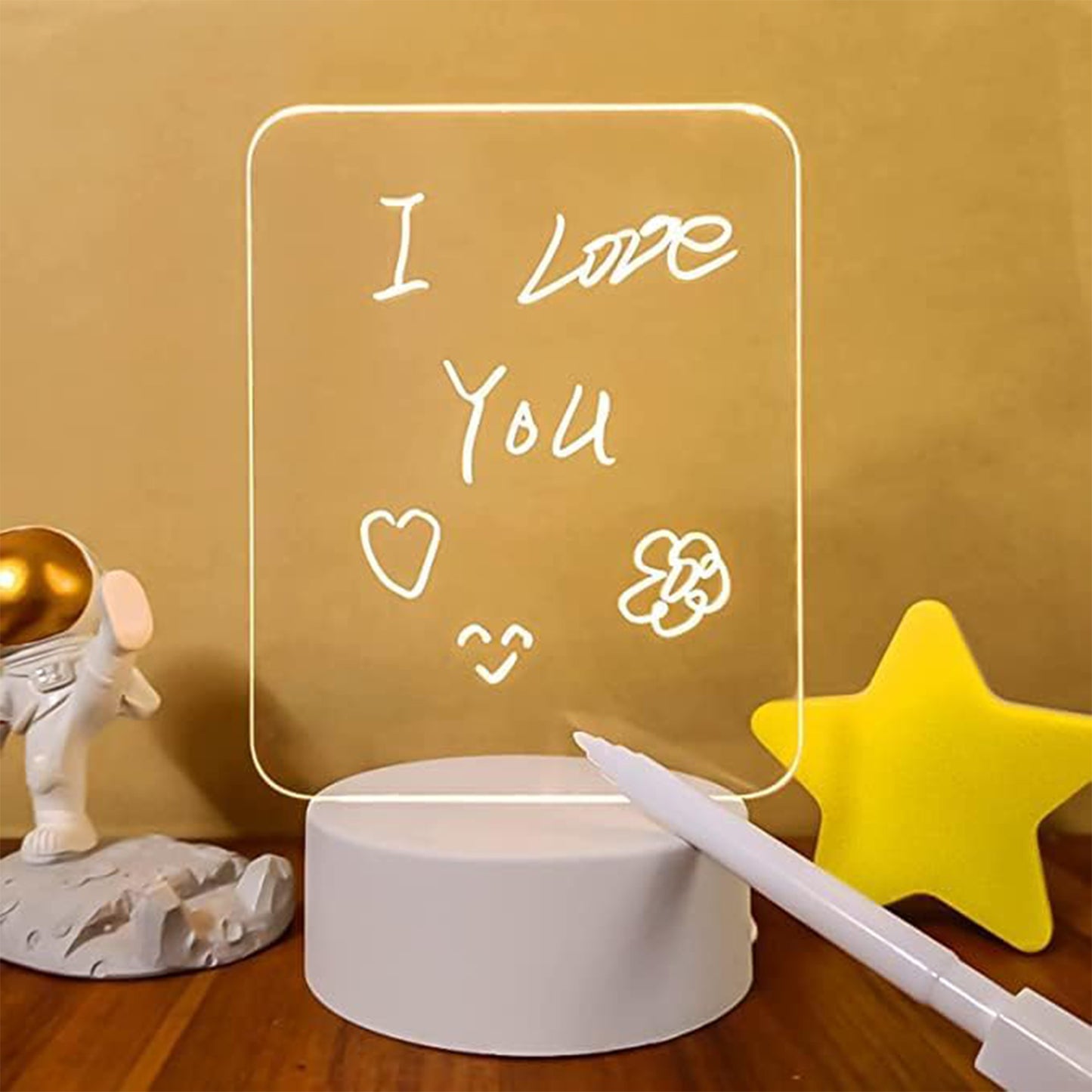Wukusy LED acrylic message board night lamp as a modern home decor piece with illuminated text display on a wooden surface.