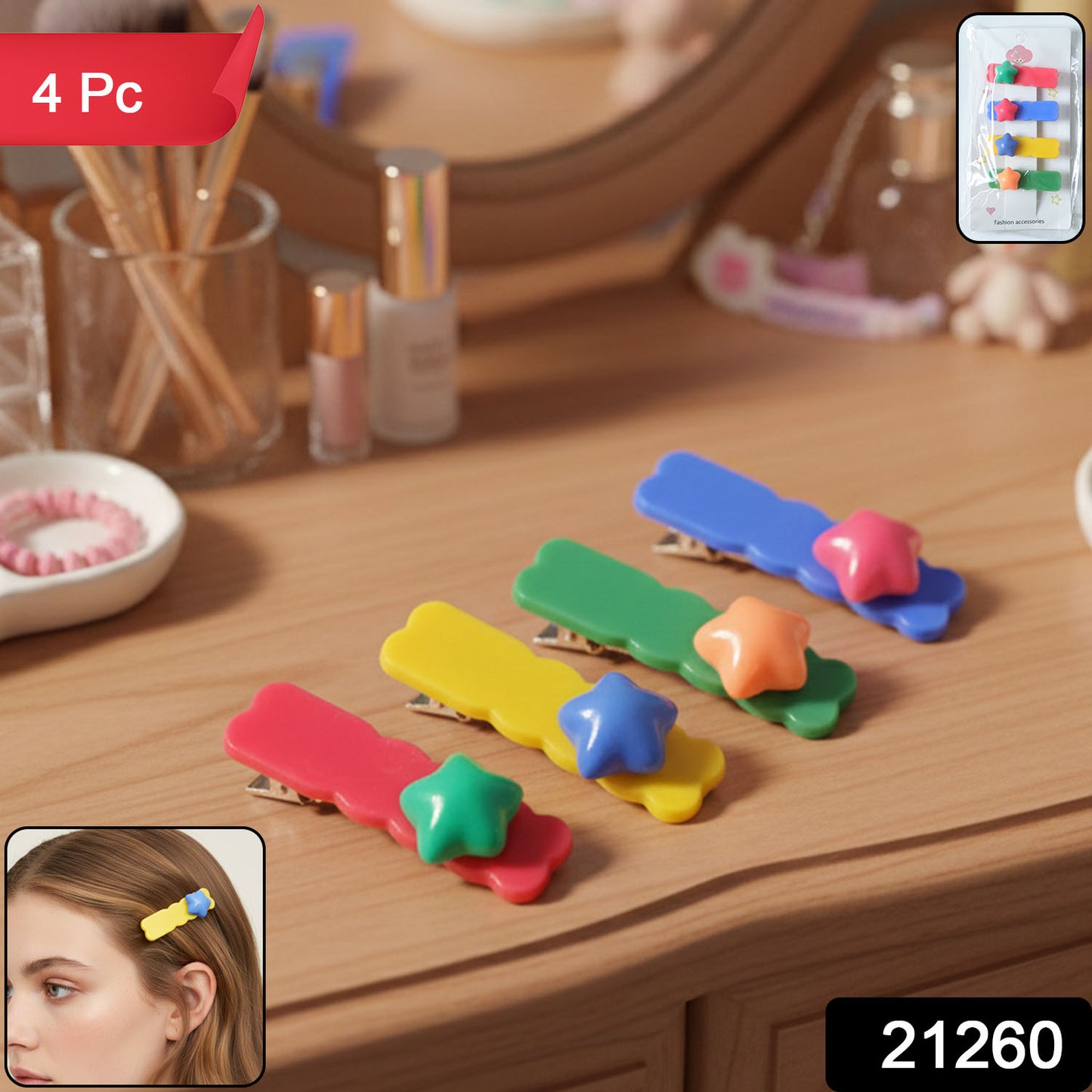 Set of four colorful star-shaped decorative hair clips by Wukusy with vibrant star designs for stylish hair accessories.