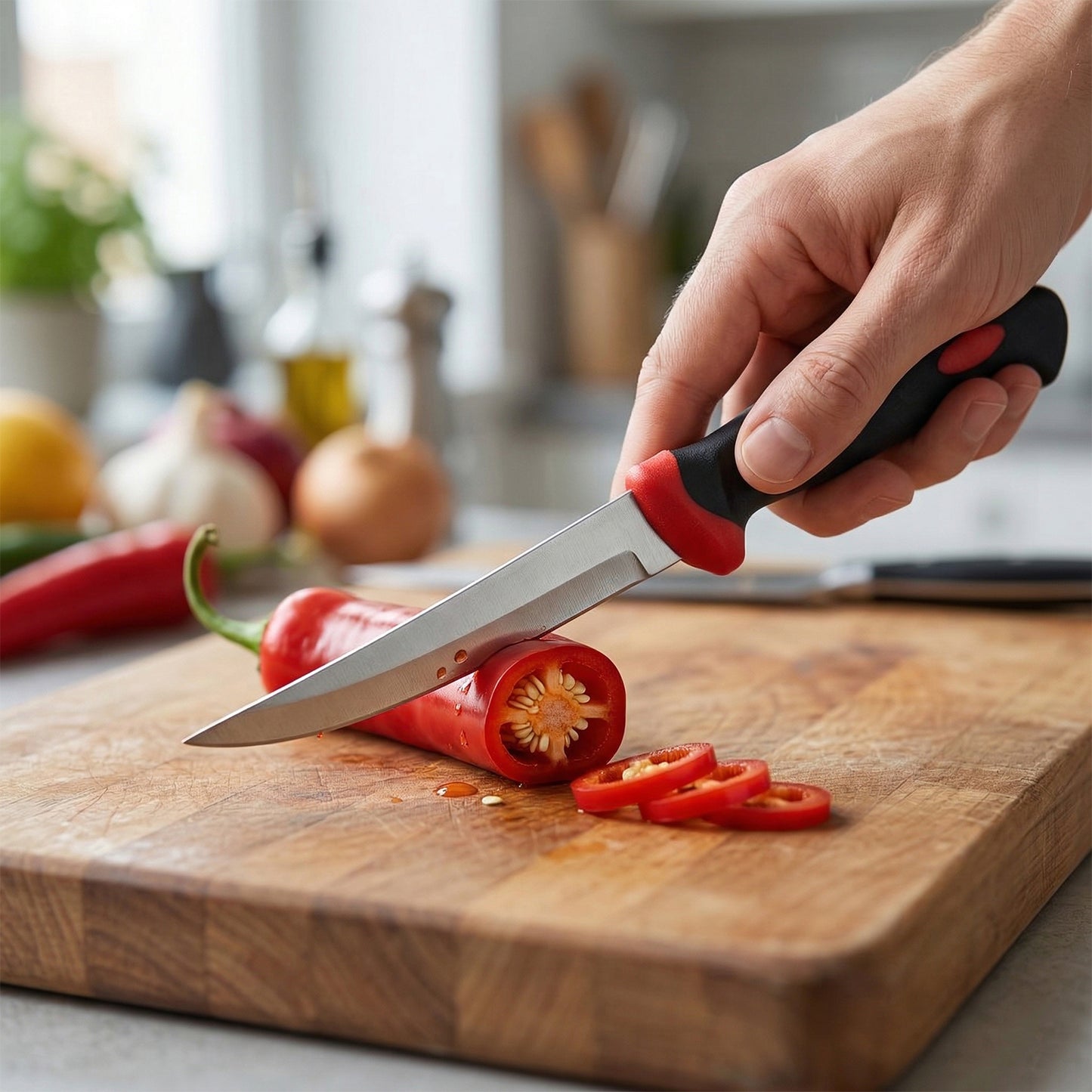 Wukusy stainless steel kitchen utility knife with ergonomic handle, shown with a sharp blade and comfortable grip for precise cutting.