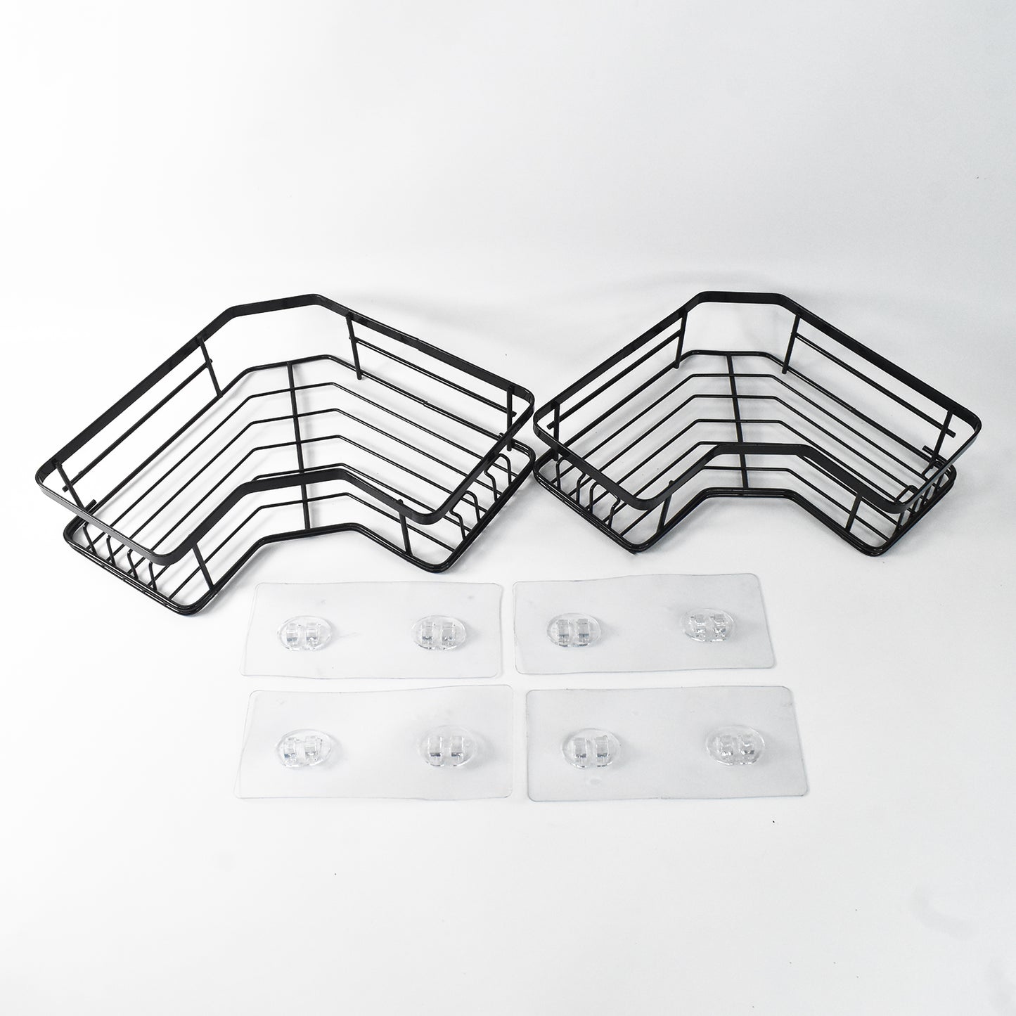 Wukusy iron coating self-adhesive corner shelf organizer, 2-piece set with black finish, mounted in corner for storage and organization