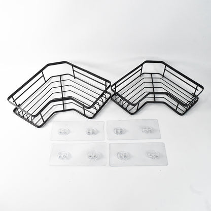Wukusy iron coating self-adhesive corner shelf organizer, 2-piece set with black finish, mounted in corner for storage and organization