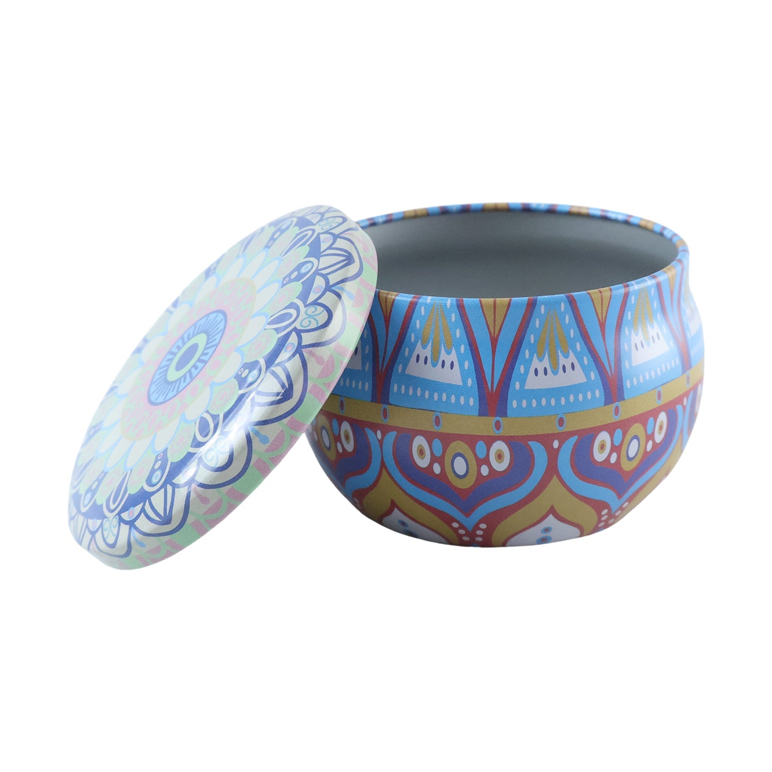 Wukusy metal mandala tin box with decorative round design, ideal for candles or trinkets, featuring intricate patterns.