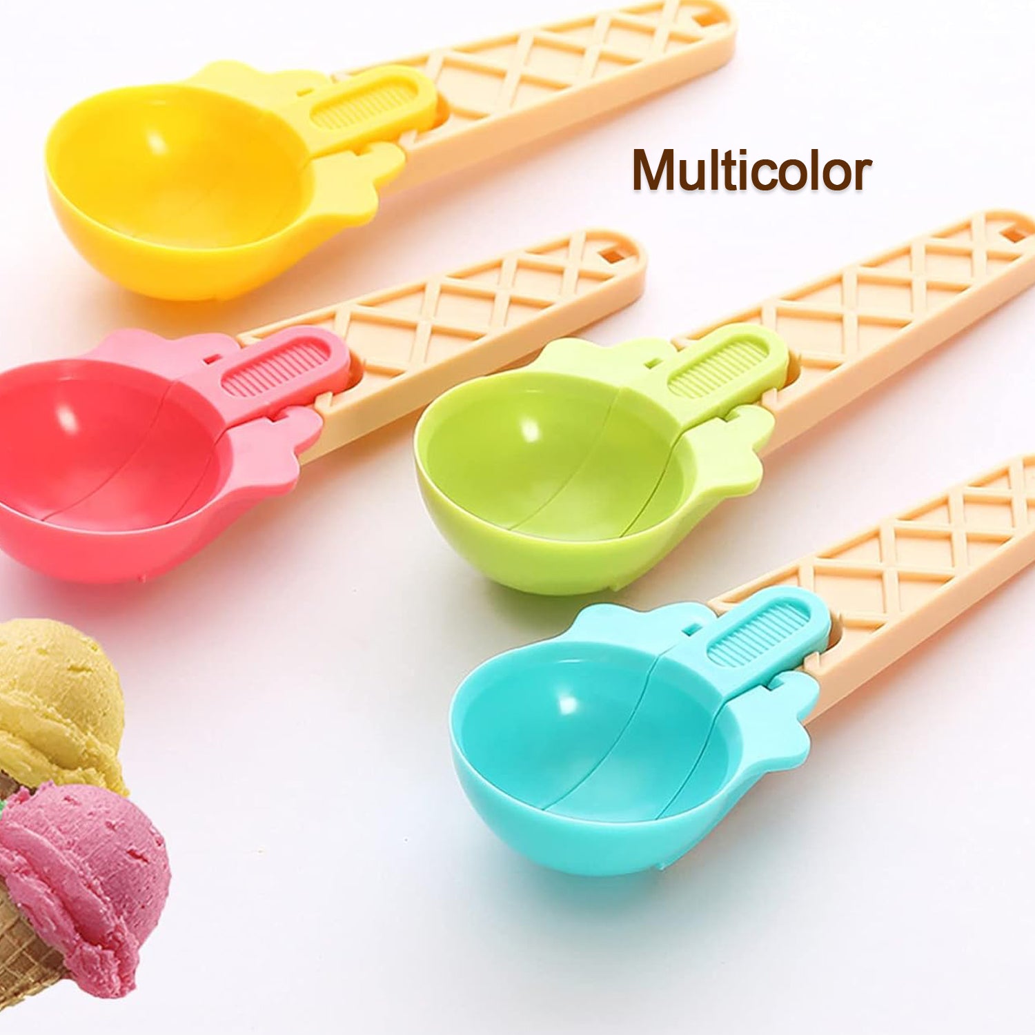 Two Wukusy plastic watermelon ice cream spoons with trigger dipper for summer dessert serving and food scooping.