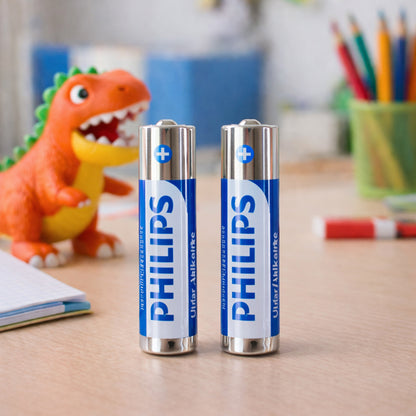 Two Wukusy alkaline AAA batteries with ultra-long-lasting power, shown in a close-up image.