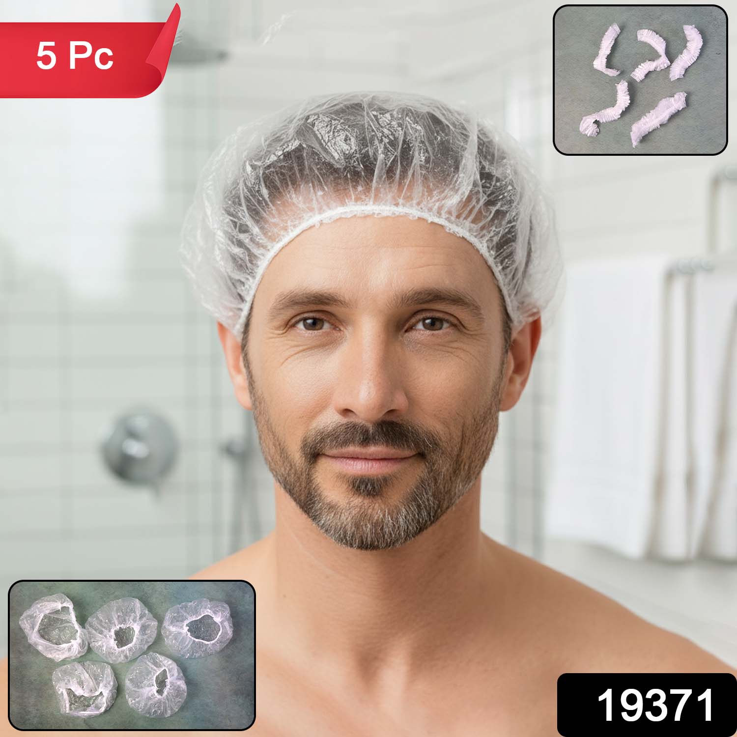Disposable men's shower cap by Wukusy, showing a clear plastic head cover designed for hair protection during showers.