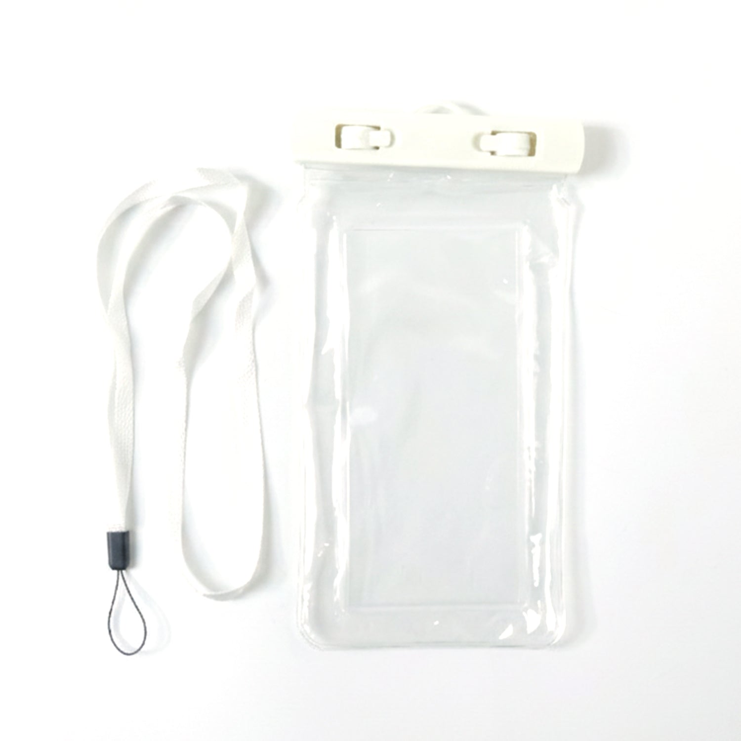 White waterproof phone pouch by Wukusy showing a secure, transparent mobile cover for protecting phones from water damage.