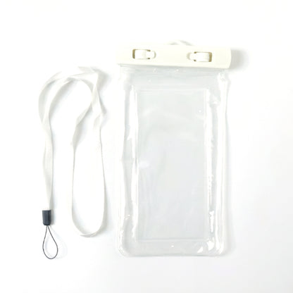 White waterproof phone pouch by Wukusy showing a secure, transparent mobile cover for protecting phones from water damage.