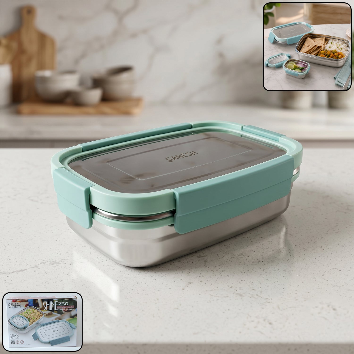 Wukusy Ganesh Shine 750 stainless steel lunch box set with small side container, featuring a polished finish and secure lids.