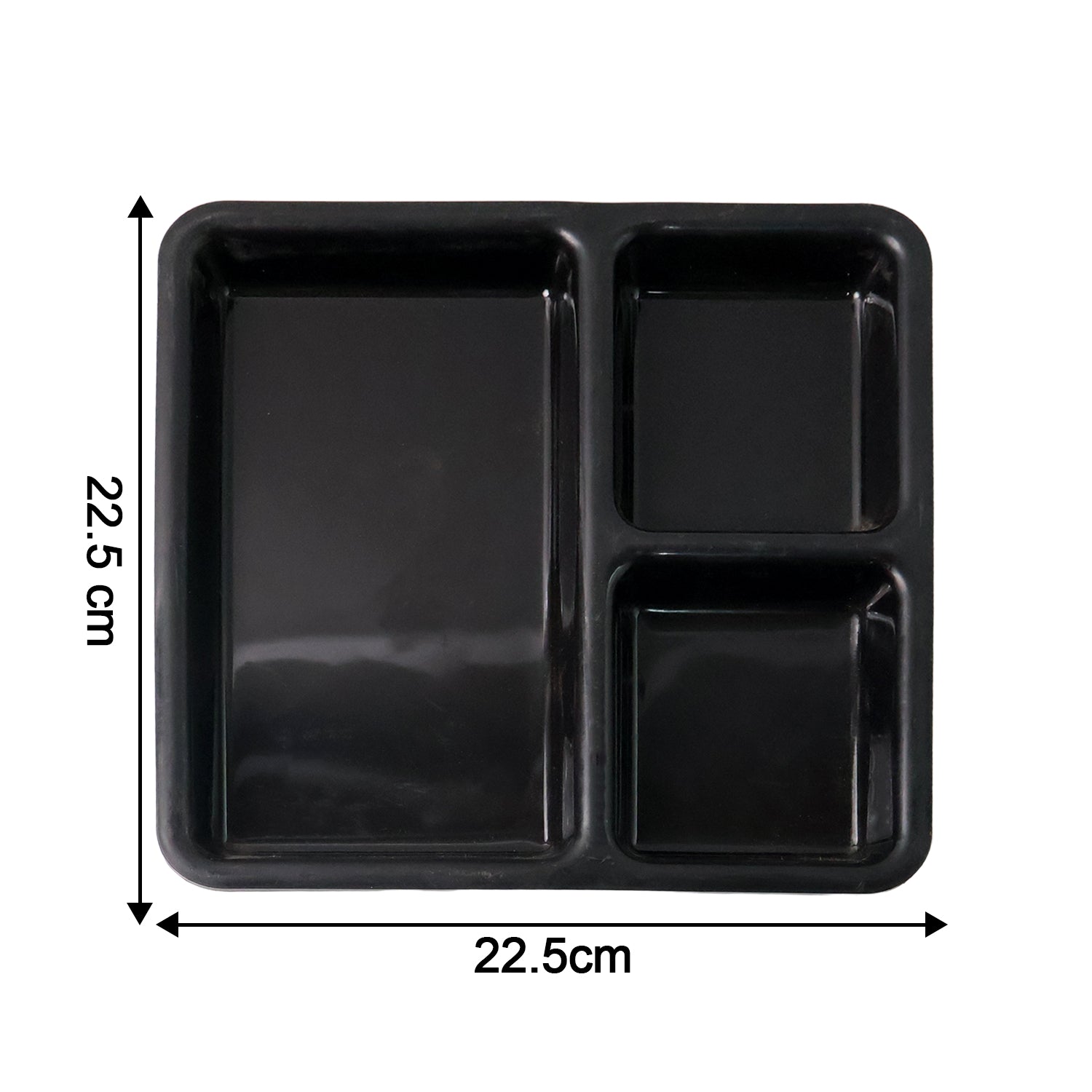 Black plastic multi-compartment meal serving tray with three sections, ideal for dining or meal presentation.